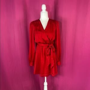 Express scarlet red silky long sleeved fit and flare wrap bust dress, small